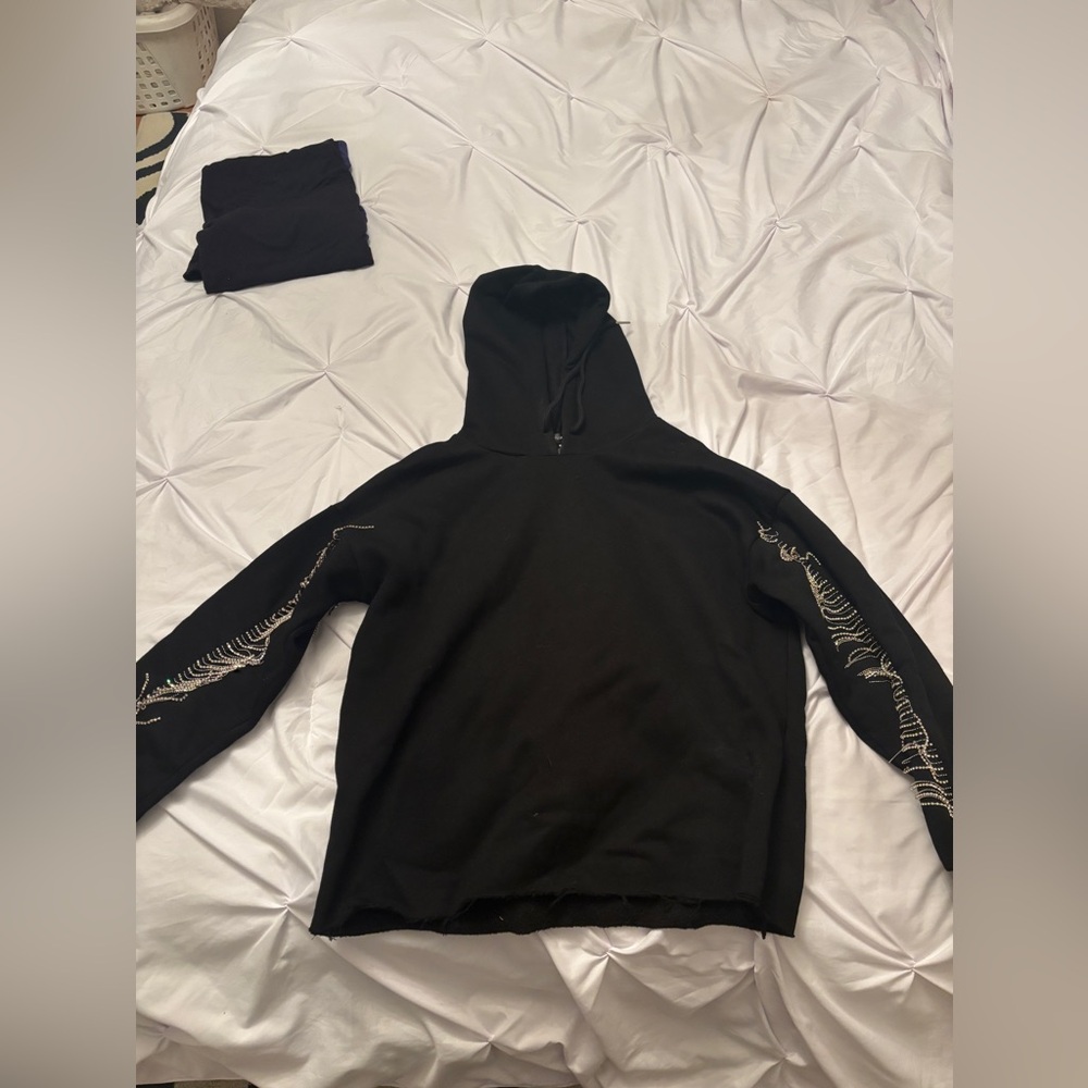Bloomingdale’s AQUA black sweatshirt with fringe rhinestones on sleeves